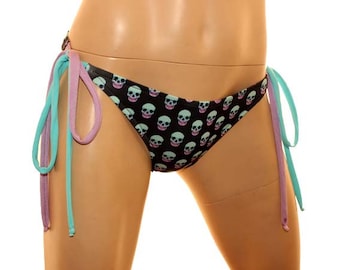 Skull Pattern (Aqua and Lilac on Black) Bikini Bottoms (multiple coverage options)