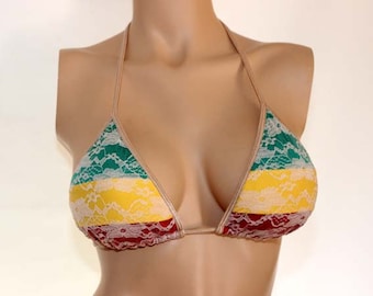 Rasta Stripes with Beige Lace  Bikini Top