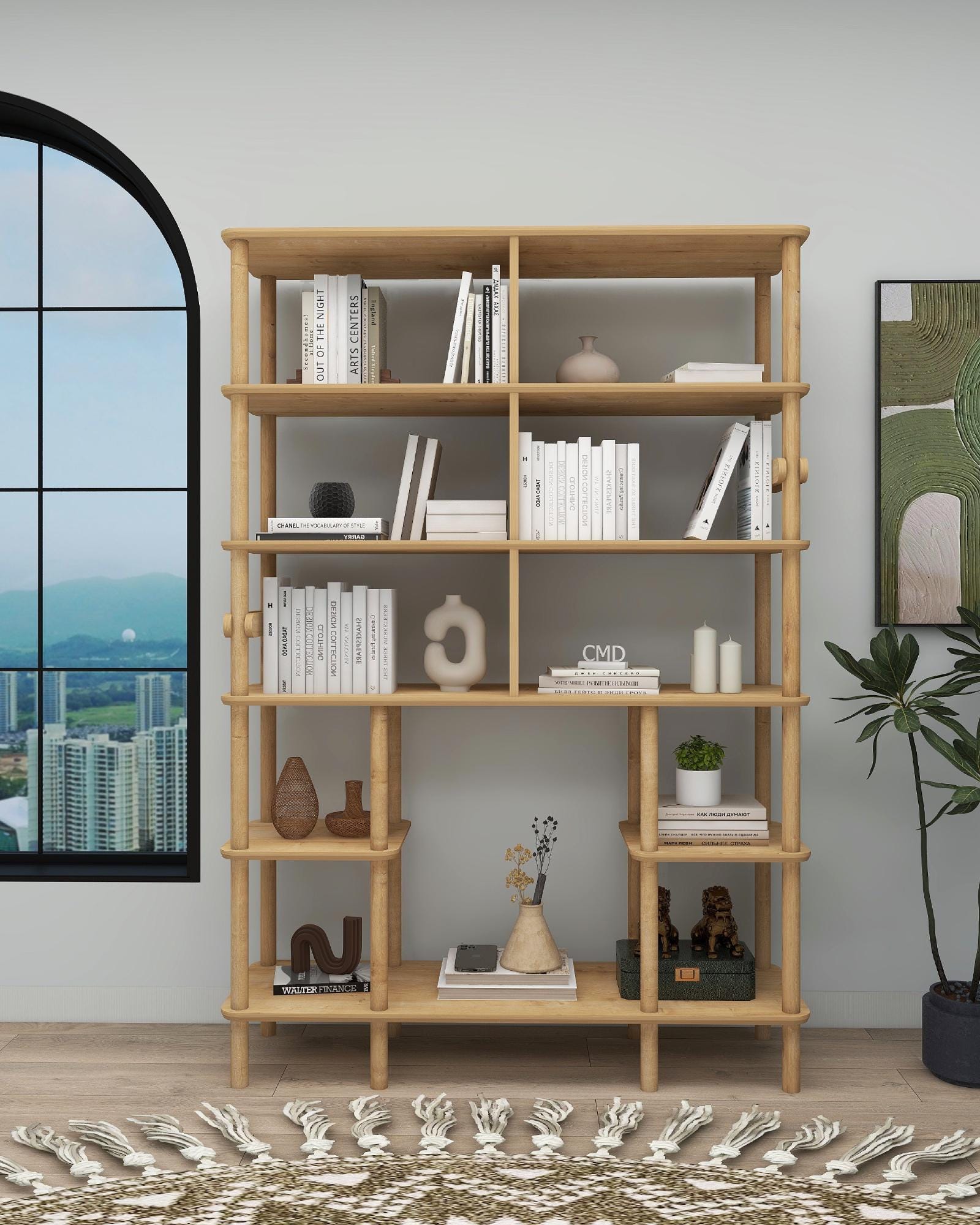 Tall Oak Bookshelf: Japandi Style Multi-level Shelf Organizer - Etsy