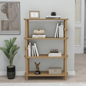 4-stöckiges Holzregal | Japandi Holz Buch Organizer Bücherregal l Minimalistisches kleines Raumregal l Abgerundetes Holzregal für Wohnkultur
