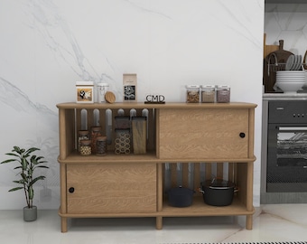 Aparador de cocina Japandi: Armario con puertas correderas de roble natural