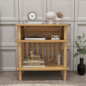 Minimalist Oak Bedside Table: Japandi 3-Tier Shelf