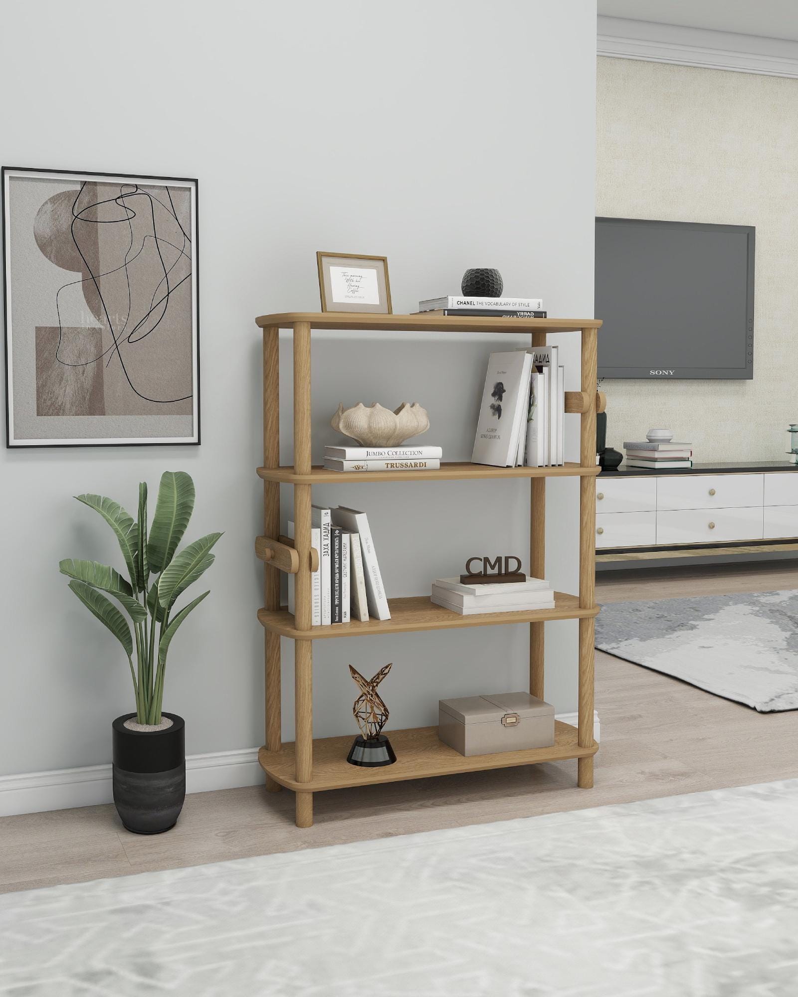 Japandi Wooden Shelf Unit: 4-tier Minimalist Bookcase - Etsy