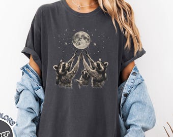 Celestial Raccoon Moon Shirt, Whimsical Trash Panda Moon Gazing Tshirt, Vintage Starry Night Animal Tee, Raccoon Lover Nature Art Gift
