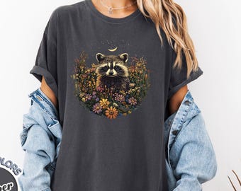 Cottagecore Raccoon Shirt, Floral Trash Panda Tshirt with Moon and Stars, Aesthetic Wildflower Nature Lover Gift, Vintage Celestial Raccoon