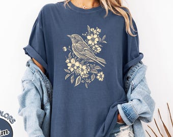 Vintage Bird Shirt, Bird Lover Gift, Botanical Floral Nature Tee, Aesthetic Cottagecore Bird Watching Shirt, Artistic Wildflower Top