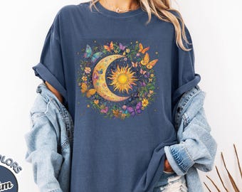 Celestial Sun Moon Butterfly Shirt, Boho Floral Mystical Moon Tshirt, Aesthetic Spiritual Nature Lover Gift, Bohemian Starry Moon Tee