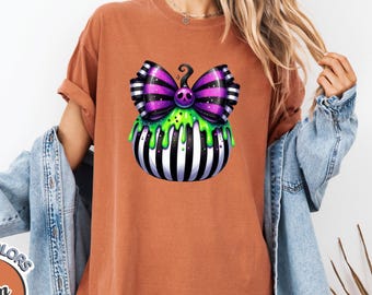 Comfort Colors Halloween Pumpkin Shirt, Striped Gothic Pumpkin Tee, Spooky Season Graphic Top, Cute Witchy Retro Halloween T-Shirt
