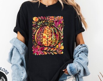 Comfort Colors® Fall Pumpkin Floral Shirt | Autumn Flowers T-Shirt | Boho Thanksgiving Tee | Colorful Fall Graphic | Pumpkin Lover