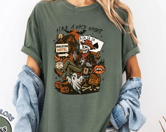 Comfort Colors® "Have a Nice Night" Shirt | Skeleton Motel Funny Halloween T-Shirt | Spooky Western Vintage Halloween Graphic Tee