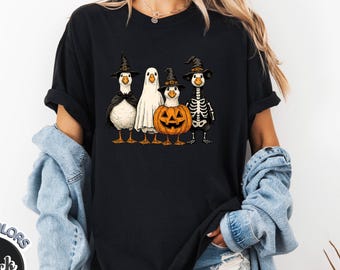 Comfort Colors® Halloween Goose Shirt | Goose Ghost Pumpkin Skeleton Funny Spooky Season Tee | Duck Skeleton Halloween Graphic T-Shirt