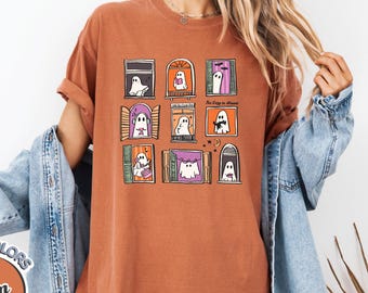 Comfort Colors® Cute Spooky Season Ghosts Shirt | Ghosts in the Window Funny Halloween Tee | Autumn Aesthetic Ghost Graphic T-Shirt