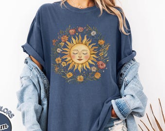Comfort Colors Sun Face Shirt | Boho Floral Celestial T-Shirt | Vintage Aesthetic Sunflower Graphic Tee | Summer Hippie Boho
