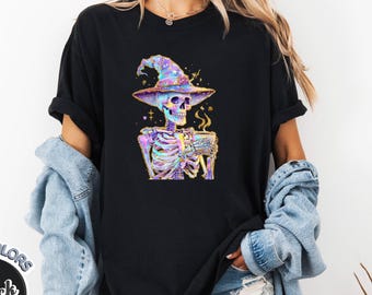 Comfort Colors® Neon Skull Witch Shirt | Halloween Coffee Tee | Skeleton Witch Spooky Season T-Shirt | Colorful Halloween Graphic