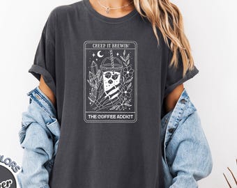 Comfort Colors® "Creep It Brewin'" Coffee Shirt | The Coffee Addict Skeleton Hand Tee | Gothic Coffee Halloween Graphic T-Shirt