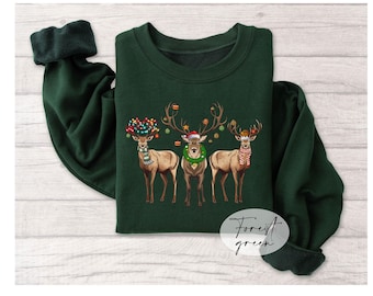 Christmas Deer Sweatshirt, Funny Reindeer Trio Shirt, Forest Green Holiday Top, Cute Winter Animal Gift