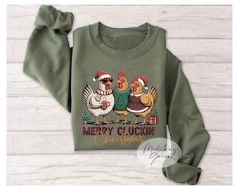 Merry Cluckin’ Christmas Sweathirt, Funny Chicken Sweatshirt, Farm Lover Holiday Top, Cute Hen Xmas Gift
