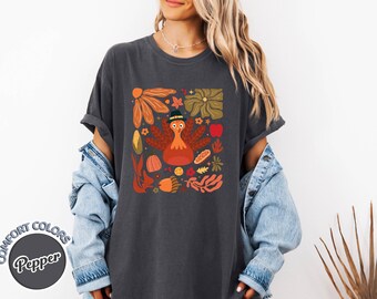 Comfort Colors Turkey T-Shirt | Cute Thanksgiving Graphic Tee | Fall Harvest Autumn Shirt | Pilgrim Turkey Women's Shirt