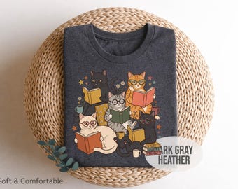 Cat Reading Shirt, Book Lover Cat T-Shirt, Cute Cats Reading Books Tee, Cat Lover Gift, Bookish Shirt, Librarian Gift, Reader Tee