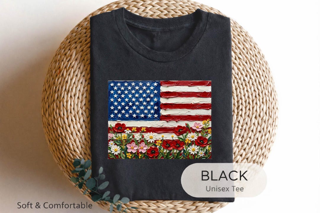 American Flag Shirt With Wildflowers, Artistic Oil Paint Style Floral ...