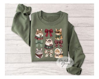 Christmas Cat Sweatshirt, Cute Cat Christmas Shirt, Holiday Cat Lover Gift, Coquette Bow Cat Sweatshirt, Cute Kitty Crewneck, Cat Mom Gift