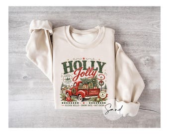 Holly Jolly Xmas Sweatshirt, Vintage Christmas Truck Shirt, Christmas Tree Farm Sweatshirt, Retro Holiday Shirt, Farmhouse Christmas Gift
