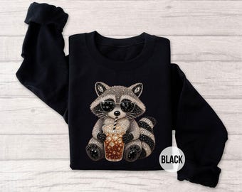 Raccoon Sweatshirt, Cute Raccoon Shirt, Coffee Raccoon Sweatshirt, Funny Animal Sweater, Raccoon Lover Gift, Cozy Graphic Crewneck