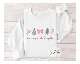 Merry and Bright Sweatshirt, Christmas Bow Sweatshirt, Minimalist Christmas Shirt, Christmas Tree Sweatshirt, Holiday Crewneck