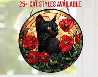 Black Cat Stained Glass Suncatcher with Red Poppies, Round Cat Window Hanging Sun Catcher Home Decor Gift, Cat Lovers Gift