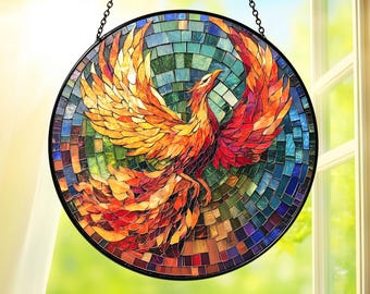 Phoenix Stained Glass Suncatcher, Phoenix Round Window Hanging Decor, Colorful Fire Bird Sun Catcher Gift