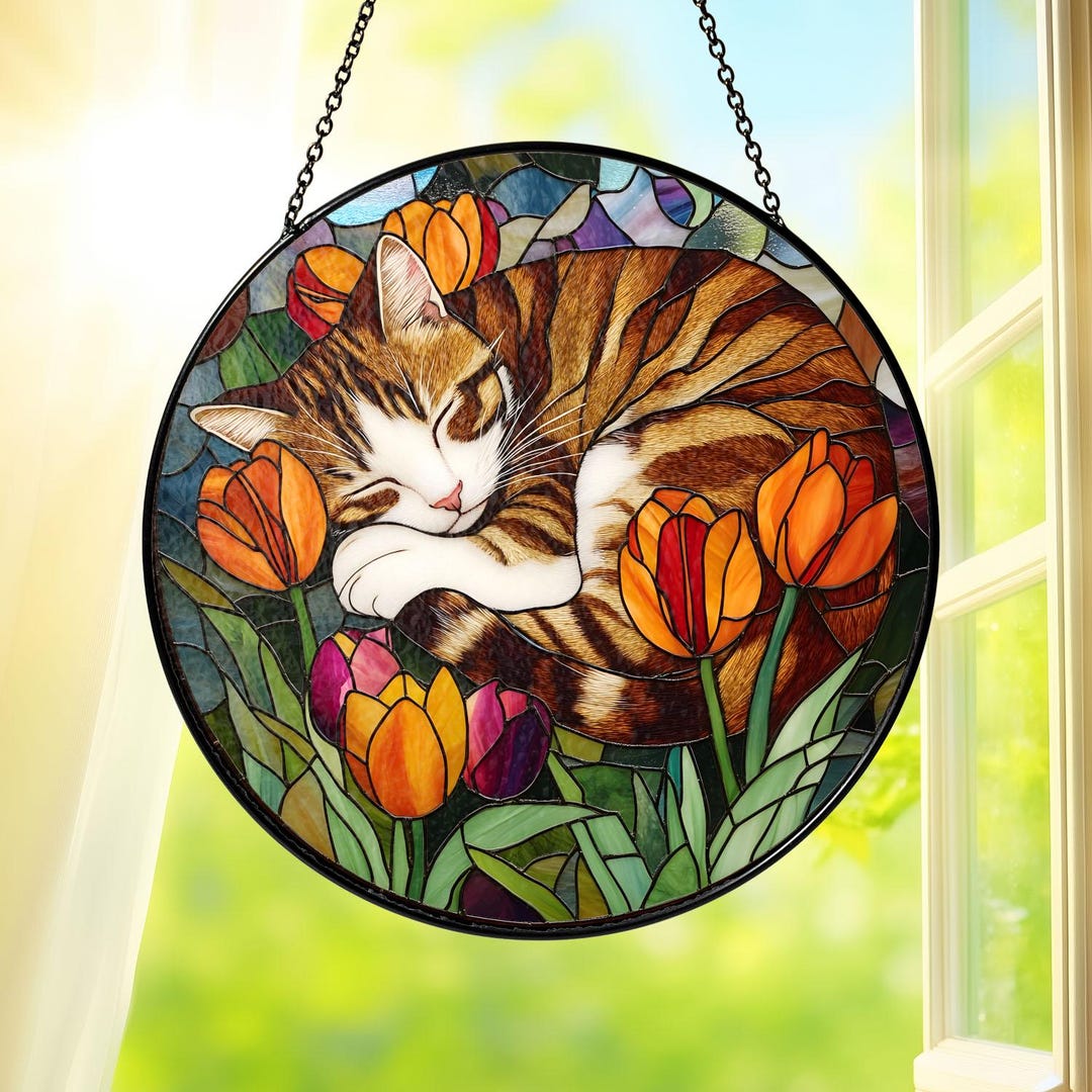 Sleeping Cat Stained Glass Suncatcher, Floral Cat Window Hanging ...