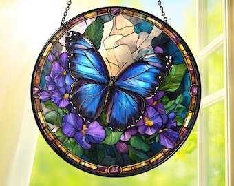 Blue Butterfly Stained Glass Suncatcher, Floral Window Hanging Decor, Nature Art Sun Catcher Gift, Butterfly  Stained Glass Ornament
