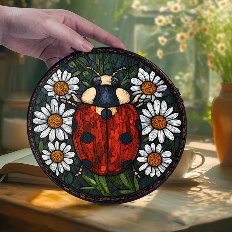 Nature themed stained glass suncatcher showing red ladybug and white daisies, cheerful floral home decor