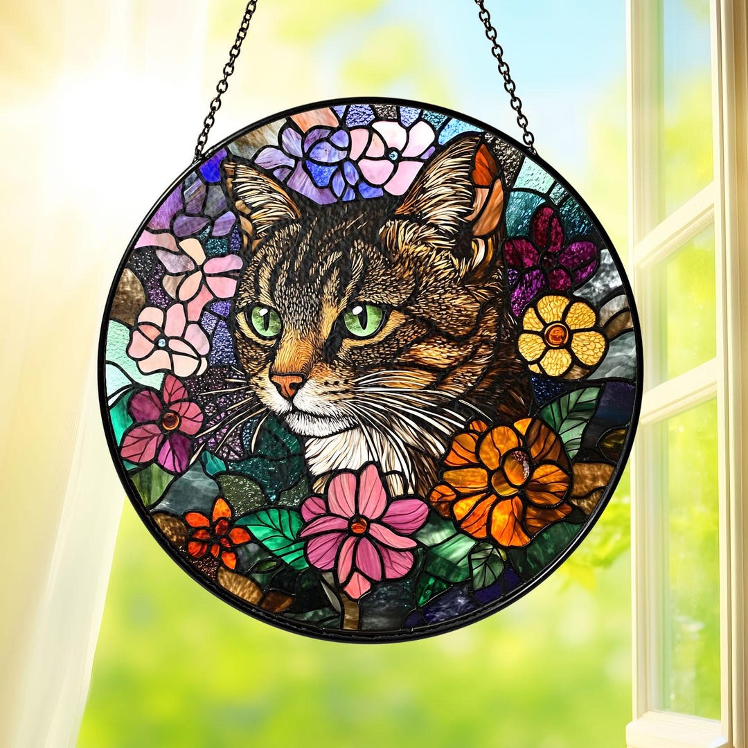 Cat Stained Glass Suncatcher With Floral Design, Colorful Window ...