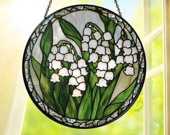 Lily of the Valley Stained Glass Suncatcher, Flowers Round Window Hanging Decor, Floral Nature Sun Catcher Gift, Lily of the Valley Ornament