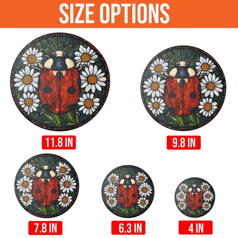 Decorative stained glass suncatcher with daisy flowers and ladybug, sunlight catching floral glass art