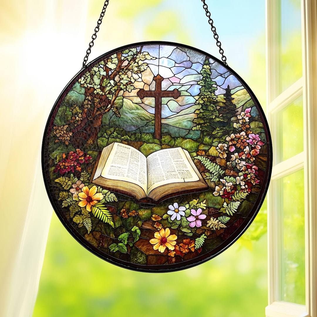 Scripture Window Clings Christian Cross & Bible Stained Glass Suncatcher, Faith Window Hanging ...