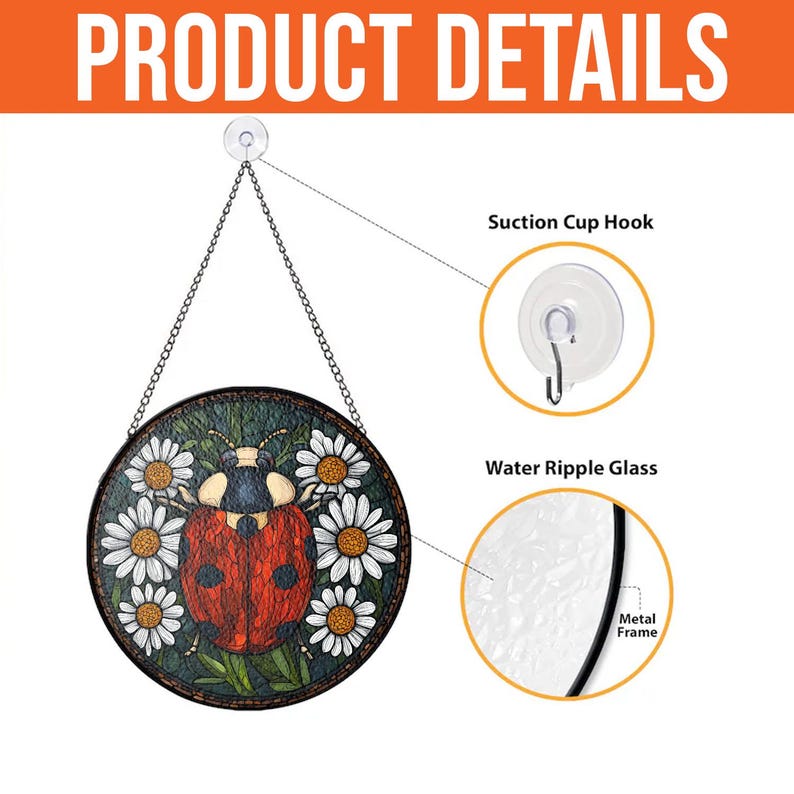 Ladybug floral stained glass window hanging with detailed glass texture, charming cottage style home decoration