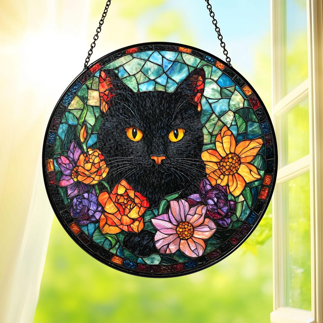 Black Cat Stained Glass Suncatcher With Flowers, Cat Lover Window ...