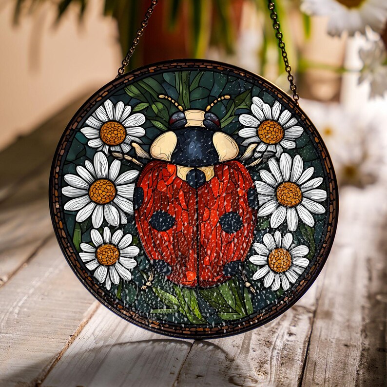 Round stained glass suncatcher featuring red ladybug surrounded by daisy flowers, nature inspired window hanging art