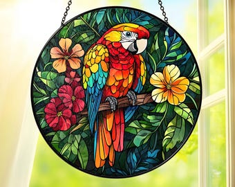 Colorful Parrot Stained Glass Suncatcher, Tropical Bird Window Hanging, Parrot Sun Catcher Decor for Home and Garden, Nature Lovers Gift