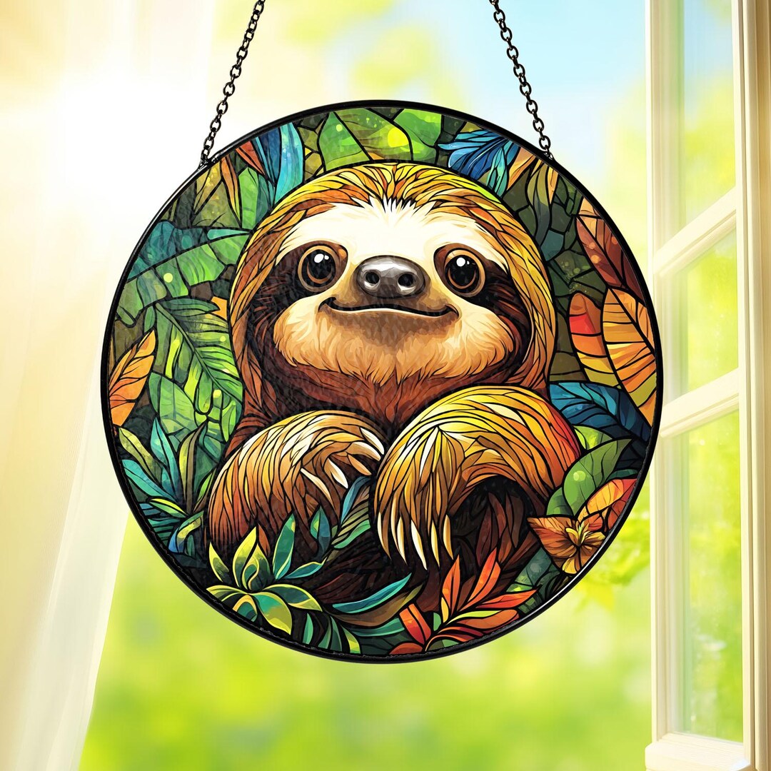 Sloth Stained Glass Suncatcher, Cute Jungle Animal Window Hanging ...