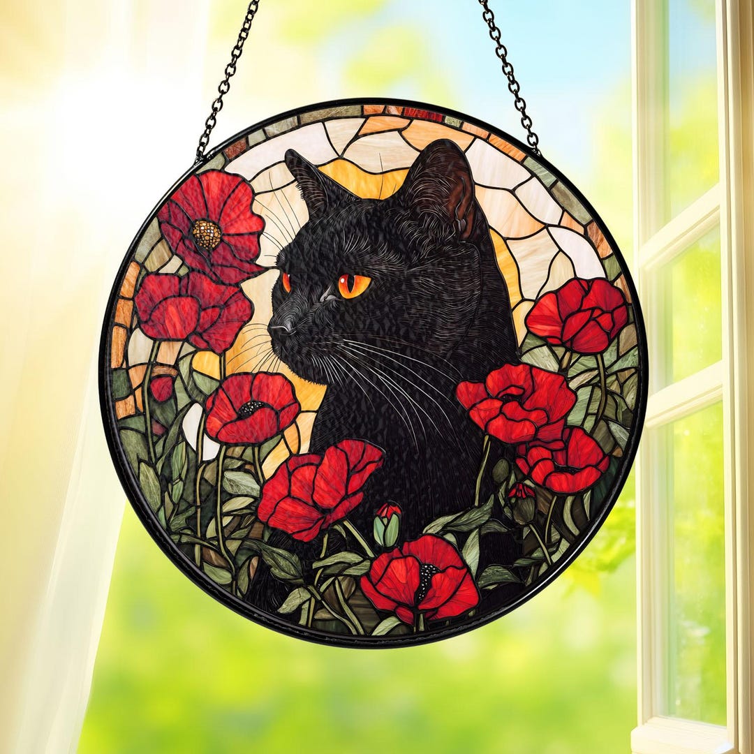 Black Cat Stained Glass Suncatcher With Red Poppies, Cat Window Hanging ...