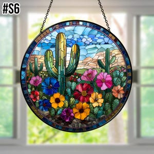 Desert Cactus Stained Glass Suncatcher, Cactus Round Window Hanging Decor, Southwest Landscape Sun Catcher Home Decor, Nature Lovers Gift