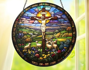Jesus Crucifixion Stained Glass Suncatcher, Christian Window Hanging, Religious Sun Catcher Home Decor, Christian Decoration