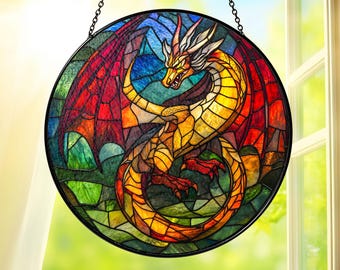 Dragon Stained Glass Suncatcher Window Hanging, Fantasy Dragon Sun Catcher, Gothic Home Decor, Mythical Art Gift, Dragon Lovers Gift