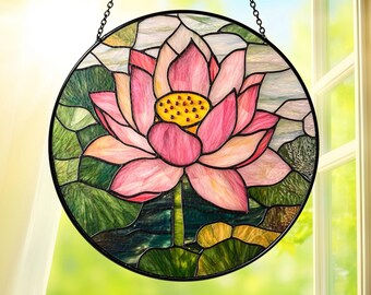 Pink Lotus Stained Glass Suncatcher, Lotus Round Window Hanging Decor, Floral Sun Catcher Ornament, Zen Meditation Home Art Gift