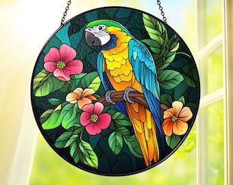 Macaw Parrot Stained Glass Suncatcher Window Hanging, Tropical Bird Sun Catcher Round Glass Art Decor, Macaw Parrot Hanging Ornament