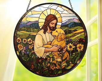Jesus and Dog Stained Glass Suncatcher, Christian Window Hanging Art, Faith Sun Catcher Home Decor, Christian Decoration Gift