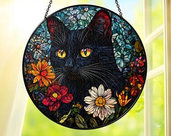 Black Cat Stained Glass Suncatcher Floral Window Hanging, Cat Lover Decor, Cat Floral Mosaic Sun Catcher Gift, Cat Lovers Decoration